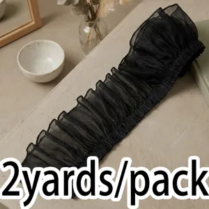 Black ruffled chiffon trim fabric 10cm wide sewing lace ribbon 2 yards pack for dress.