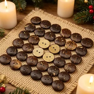 Detailed close-up of natural wood coconut buttons with two holes, perfect for sewing and DIY crafts.