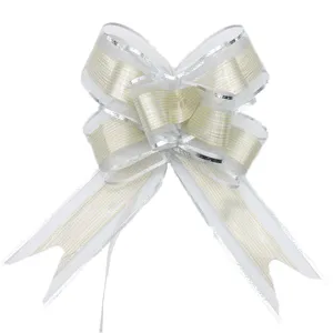 Lazo de organza blanco con borde plateado y patron de rejilla para envolver regalos y fiesta