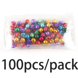 Detail view of 100pcs colorful metal jingle bells in transparent bag for Christmas DIY.