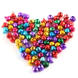 Colorful metal craft bells detail view, perfect for Christmas tree and party DIY decorations.