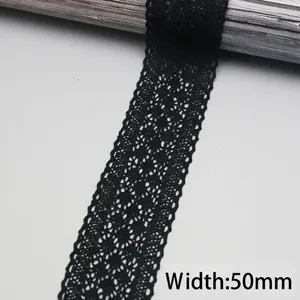 Black lace ribbon trim, 50mm wide, cotton fabric tape for DIY clothing, gift wrapping crafts.