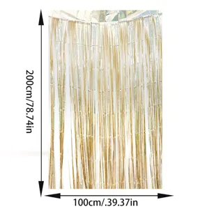Gold metallic foil fringe curtain detail view, 200x100cm party background decor prop.