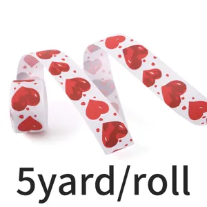 Valentine heart printed fabric ribbon 2.5cm wide, 5 yards per roll for gift wrapping DIY