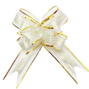 Detalle en primer plano del lazo de cinta transparente blanca con borde dorado.