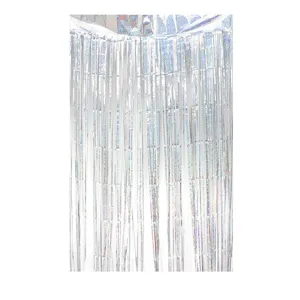 Holographic silver foil fringe curtain for party background and holiday decoration supplies.
