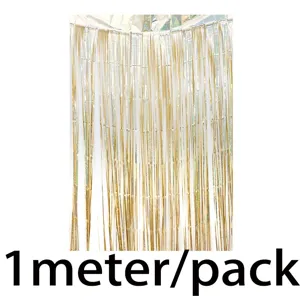 Gold metallic foil fringe curtain detail, perfect for party backdrop and Christmas decor.