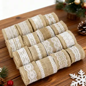 5cm wide rustic jute burlap ribbon with delicate white lace trim for DIY crafts and decor details