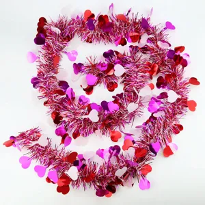 Valentine's Day heart tinsel garland 2m pink metallic foil ribbon for party wedding decor.