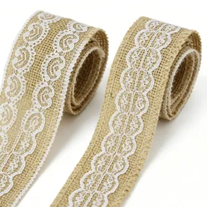 5cm Burlap Ribbon with White Lace Trim Rustic Hessian Fabric Roll for DIY Craft Wedding Decor
