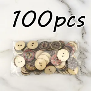 Close-up detail of 100pcs vintage printed wooden sewing buttons with two holes and colorful designs.