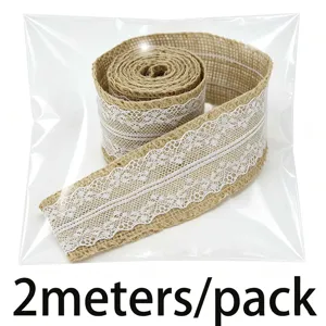 Natural Burlap Ribbon with White Lace Trim 5cm Wide 2 Meters Craft DIY Wedding Decor