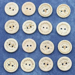 Assorted 2cm 2-hole wooden buttons detailed view, perfect for sewing, crafting and garments.