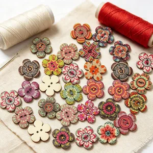 Vintage Plum Blossom Wooden Buttons Painted Floral Pattern 2 Hole Sewing Buttons For Garment DIY Craft Decor