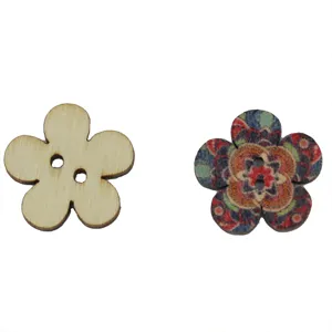 Close-up detail of 2-hole wooden flower buttons, featuring natural and printed styles.
