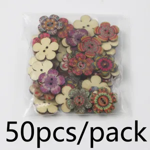 Close-up detail shot of colorful retro floral wooden buttons, 2-hole DIY sewing craft supplies.