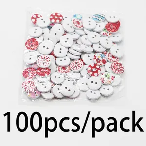 Mixed wooden buttons with colorful printed patterns, 2-hole round craft buttons for sewing and DIY.