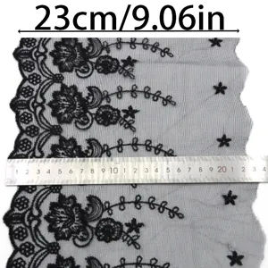 Black mesh lace trim 23cm width embroidered floral fabric for DIY sewing garment decoration crafts