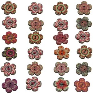 2cm vintage wooden floral buttons, 2-hole printed sewing buttons for DIY crafts and clothes.