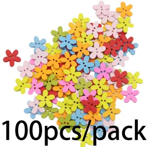 Colorful wooden flower buttons, 100pcs per pack, 2-hole sewing craft DIY accessories.