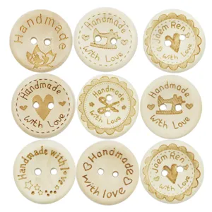 Close-up view of mixed wooden buttons featuring engraved handmade and love sewing motifs.