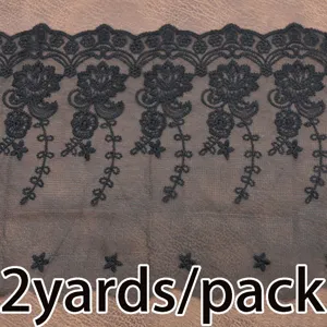 Black mesh lace trim embroidery fabric 2 yards pack for sewing DIY crafts decoration.
