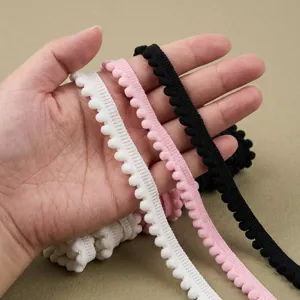 Détails de ruban frange pompon coloré 1.2cm pour la couture et les loisirs créatifs.