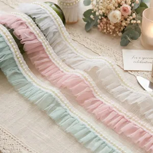 6cm Pearl Pleated Mesh Lace Trim Decorative Fabric for Sewing Wedding Dress Decoration