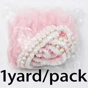 Pink pleated mesh lace trim with pearls, 6cm wide decorative trim for wedding dresses sewing 1 yard