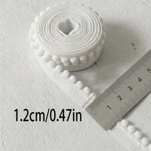 Ruban frange pompon blanc largeur 1.2cm, idéal pour couture, robes de mariée et loisirs créatifs.