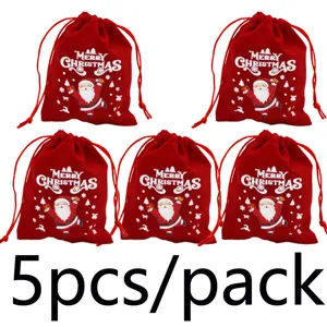 Sacchetti regalo di Natale in velluto rosso con stampa Babbo Natale e coulisse, 5 pz.