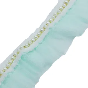 Pearl ruffled tulle lace trim 6cm mint green fabric ribbon for wedding gown sewing DIY