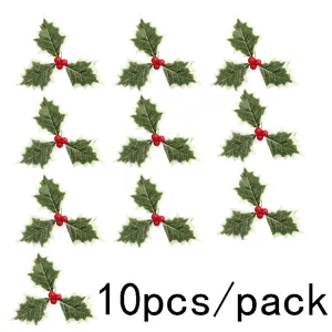 10pcs Feuilles de houx artificiel de Noël avec baies rouges pour décoration de fête DIY
