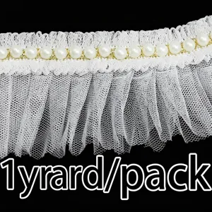 Detail shot of 6cm white pleated lace trim with faux pearls, perfect for wedding dresses.