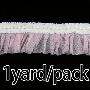 1 yard pack pearl pleated mesh lace trim 6cm pink fabric sewing wedding dress decoration