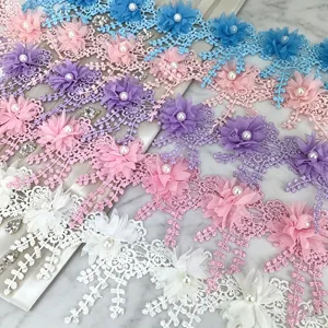 Colorful lace trim with 3D chiffon flowers and pearls, perfect for wedding crafts and sewing.
