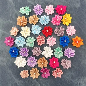 Colorful 2.8cm ribbon flower appliques with rhinestone centers for sewing and crafts 50pcs