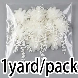 White lace flower trim with pearl center, chiffon fabric ribbon for wedding craft decor 1 yard
