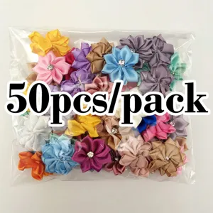 50pcs 2.8cm ribbon flowers with rhinestone center craft sewing wedding applique decorations.