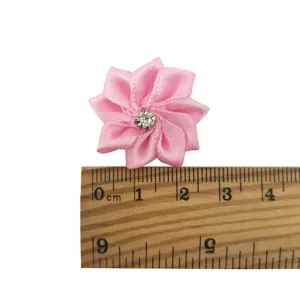 Pink ribbon flower with rhinestone 2.8cm handmade craft sewing wedding applique decoration