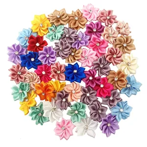 50pcs 2.8cm ribbon flowers with rhinestone center for DIY crafts wedding dress decoration