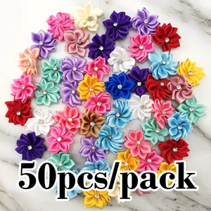 50pcs satin ribbon flowers with rhinestones 2.8cm for DIY crafts wedding decor