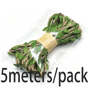 5 meters jute twine with artificial green leaves, perfect for craft and gardening decor.