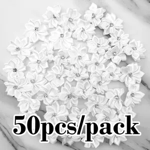 50pcs white ribbon flower patches with rhinestones DIY wedding dress craft sewing decor