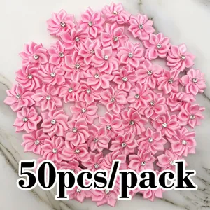 50pcs pink ribbon flowers with rhinestone craft rose patches for sewing wedding decor