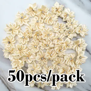 50pcs 2.8cm satin ribbon flowers with rhinestone center for wedding crafts and sewing decor