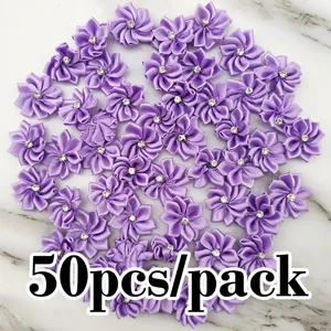 50pcs pack purple satin ribbon flowers with rhinestone for wedding craft decoration.