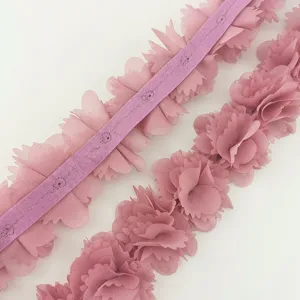 Nastro di pizzo in chiffon rosa da 45mm con fiori per cucito fai da te e decorazione.
