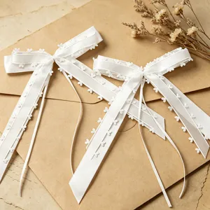 White Heart Edge Ribbon Bows Handmade Polyester Fabric Bowknot Wedding Car Party Decoration DIY Craft Supplies