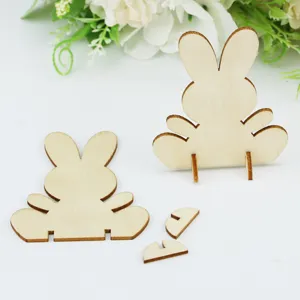 Détail pièces lapin de Pâques en bois DIY, découpe laser avec supports pour déco.